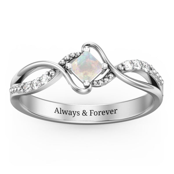 Solitaire Princess Cut Birthstone Ring with Twisted Split Shank and Accents