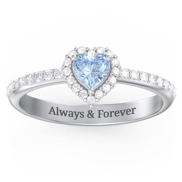 Halo Heart Birthstone Ring with Accented Band