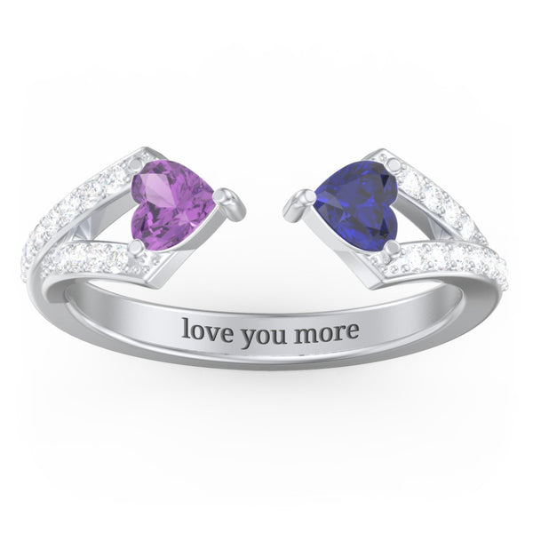 Double Heart Birthstone Open Cuff Ring with Accents
