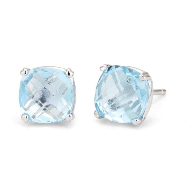 March Blue Topaz Cushion Cut Gemstone Silver Birthstone Earrings