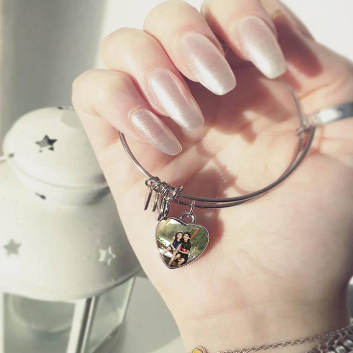 Cissyia.com Photo Frame Heart Charm Bolo Photo Bracelet in Silver