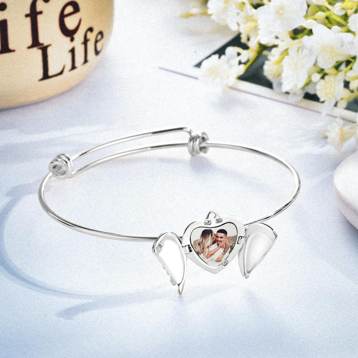 Cissyia.com Personalized Angel Wings Locket Charm Bolo Photo Bracelet in Rose Gold