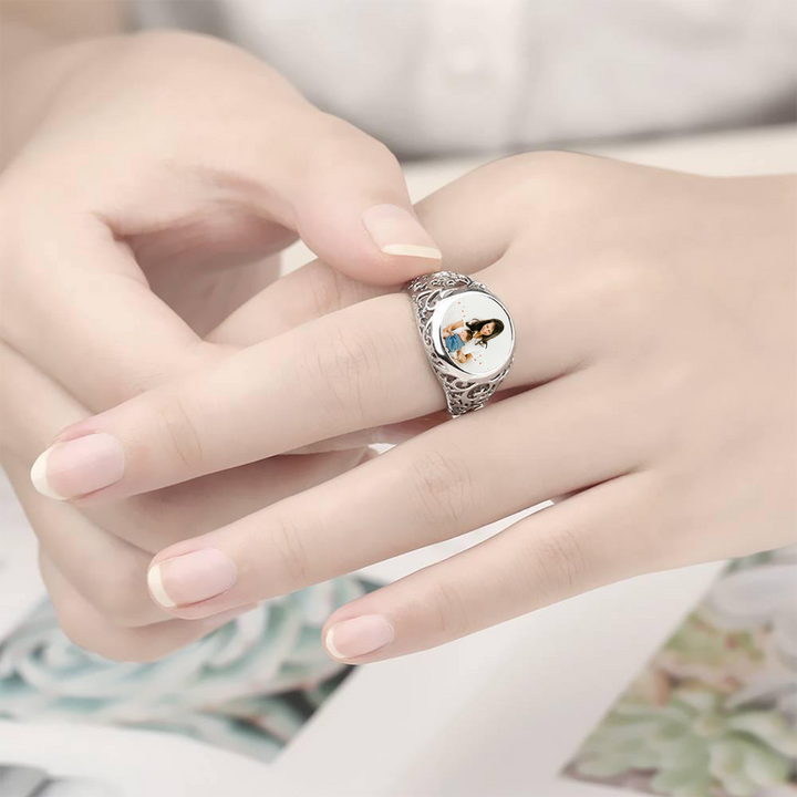 Cissyia.com Personalized Round Shape Openwork Photo Ring in Sterling Silver