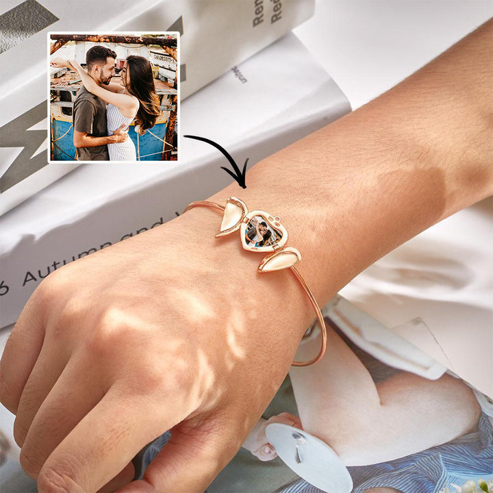 Cissyia.com Personalized Angel Wings Locket Charm Bolo Photo Bracelet in Rose Gold