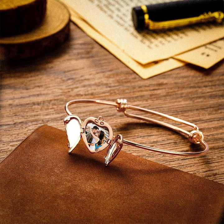 Cissyia.com Personalized Angel Wings Locket Charm Bolo Photo Bracelet in Rose Gold