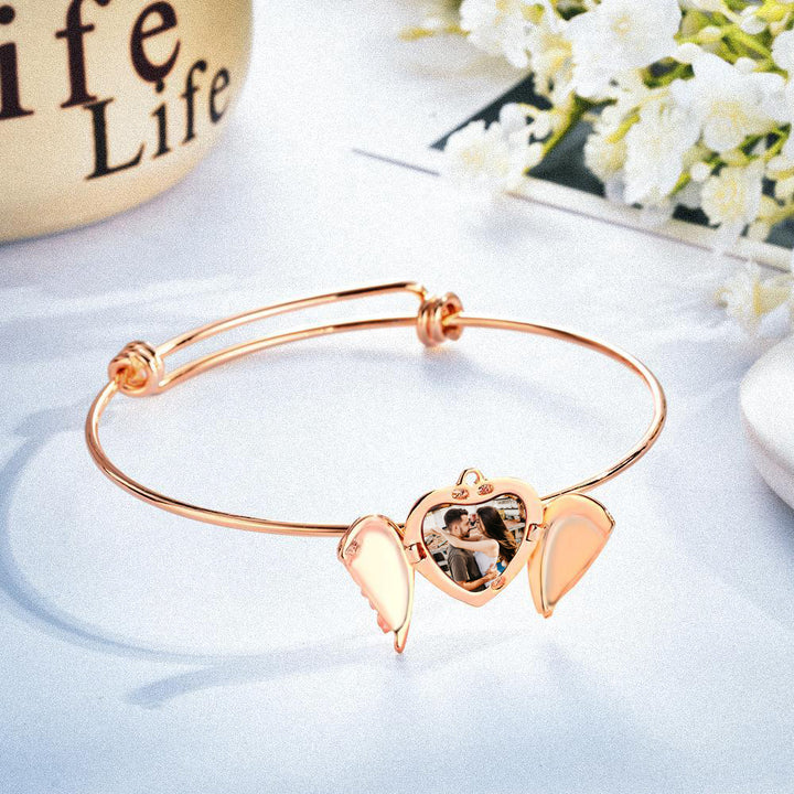 Cissyia.com Personalized Angel Wings Locket Charm Bolo Photo Bracelet in Rose Gold