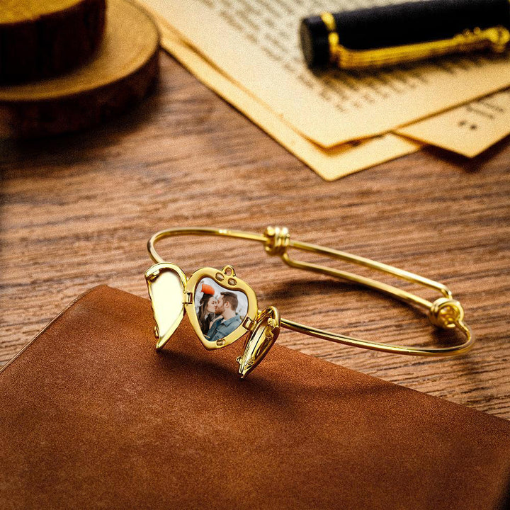 Cissyia.com Personalized Angel Wings Locket Charm Bolo Photo Bracelet in Gold