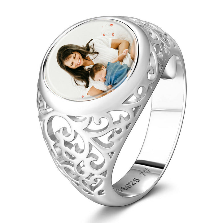 Cissyia.com Personalized Round Shape Openwork Photo Ring in Sterling Silver