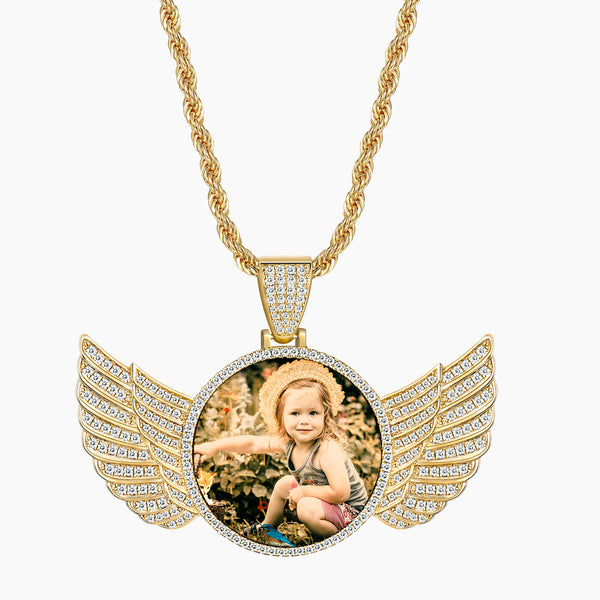 Cissyia.com Zircon Golden Angel Wings Engraved Photo Necklace