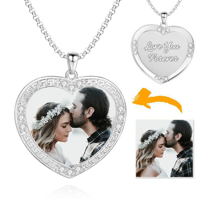 Cissyia.com Platinum Plated Silver Crystal Inlay Heart Shape Color Engraved Photo Necklace