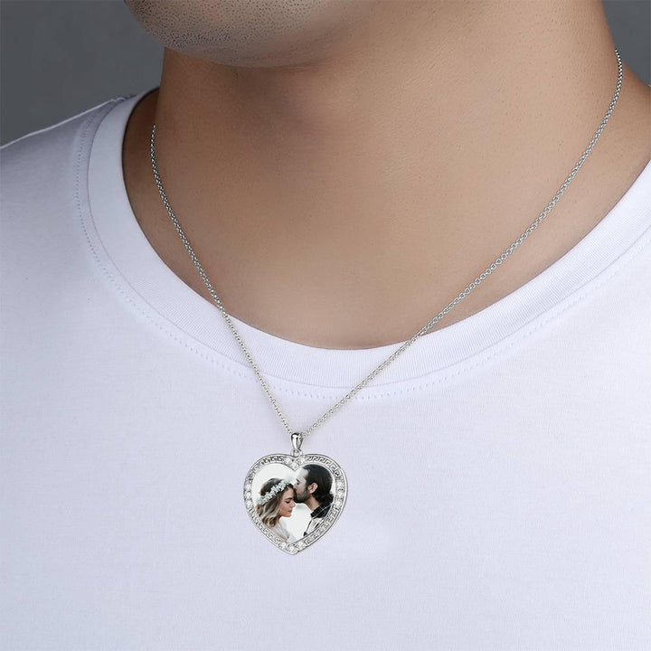 Cissyia.com Platinum Plated Silver Crystal Inlay Heart Shape Color Engraved Photo Necklace