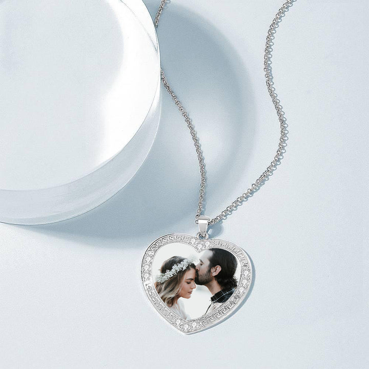 Cissyia.com Platinum Plated Silver Crystal Inlay Heart Shape Color Engraved Photo Necklace