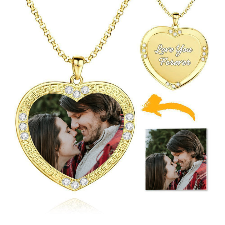 Cissyia.com Personalized Heart Shape Rhinestone Crystal 14K Gold Plated Engraved Photo Necklace
