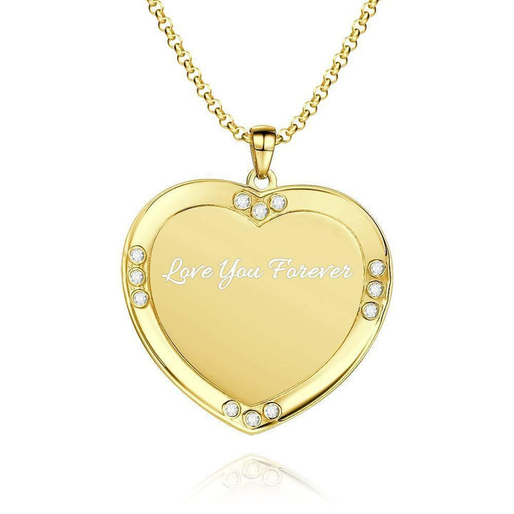 Cissyia.com Personalized Heart Shape Rhinestone Crystal 14K Gold Plated Engraved Photo Necklace