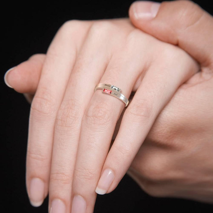 Cissyia.com Personalized Two Baguette Cut Birthstones Engravable Bypass Ring in 925 Sterling Silver