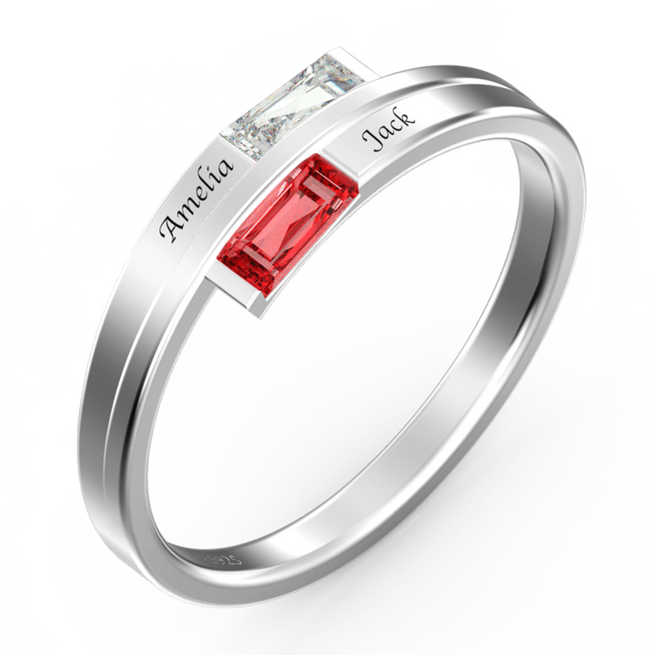 Cissyia.com Personalized Two Baguette Cut Birthstones Engravable Bypass Ring in 925 Sterling Silver