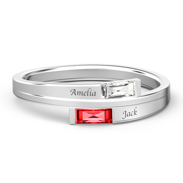 Cissyia.com Personalized Two Baguette Cut Birthstones Engravable Bypass Ring in 925 Sterling Silver