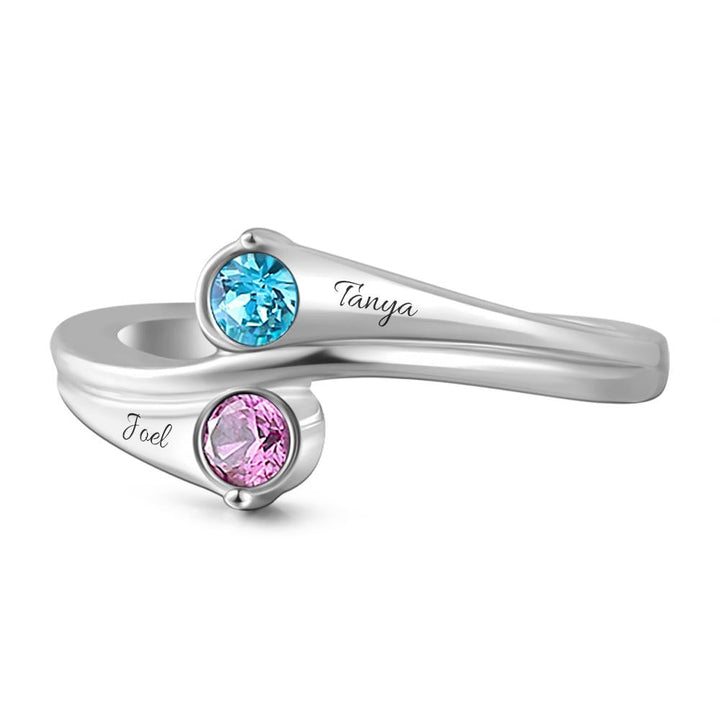 Cissyia.com Custom Promise Ring with Engravable Two Round Birthstones in Sterling Silver