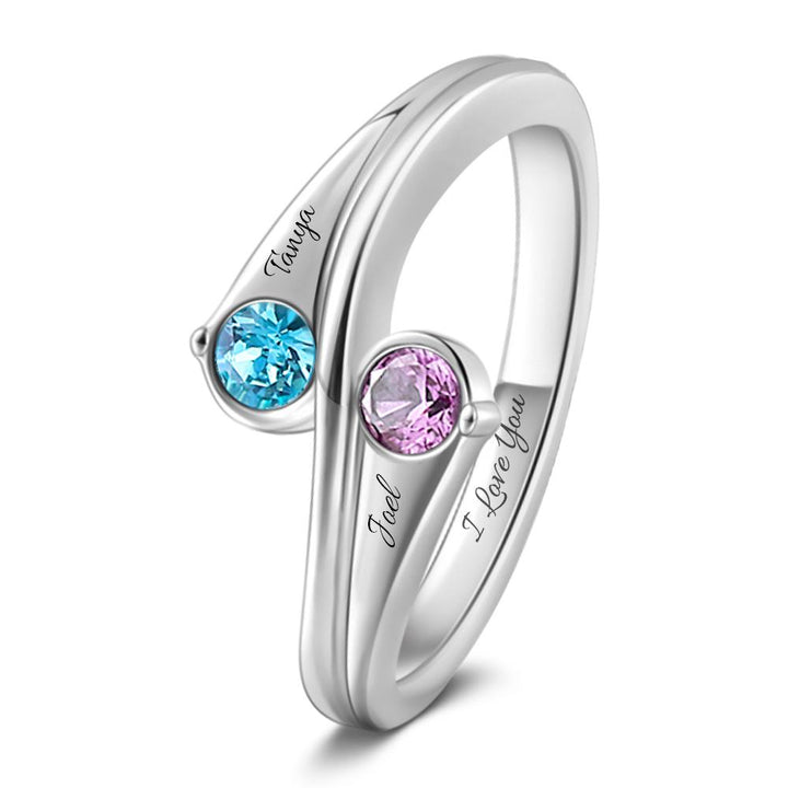 Cissyia.com Custom Promise Ring with Engravable Two Round Birthstones in Sterling Silver