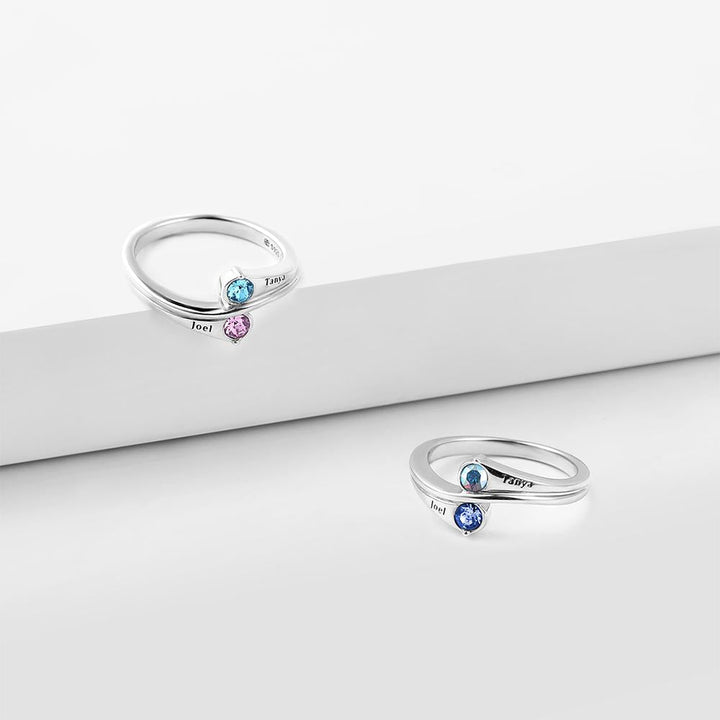 Cissyia.com Custom Promise Ring with Engravable Two Round Birthstones in Sterling Silver