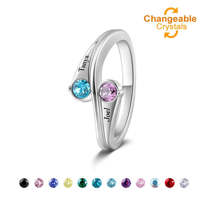 Cissyia.com Custom Promise Ring with Engravable Two Round Birthstones in Sterling Silver