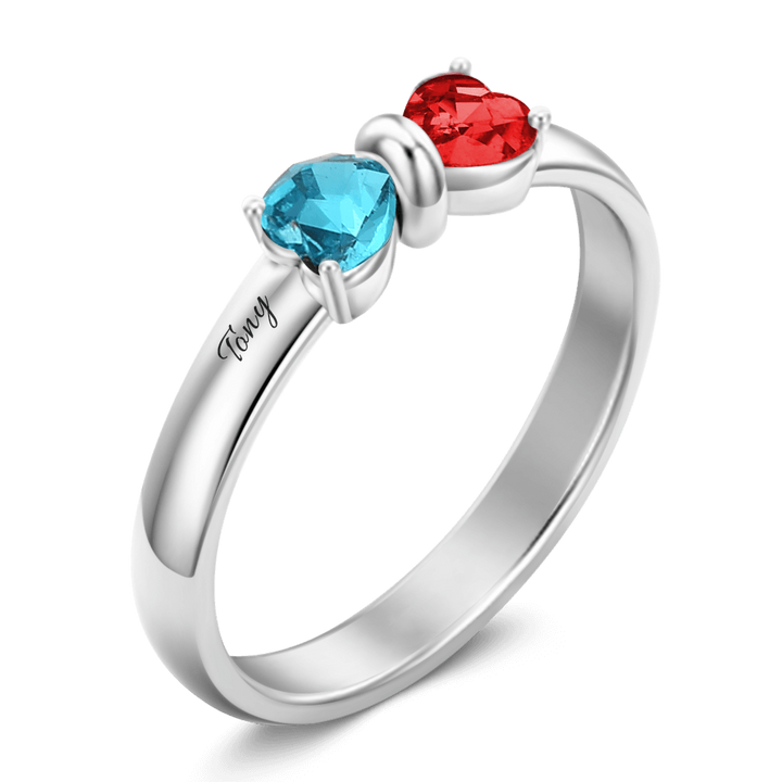 Cissyia.com Personalized Two Heart Birthstones Engravable Bow Promise Ring in Solid Sterling Silver