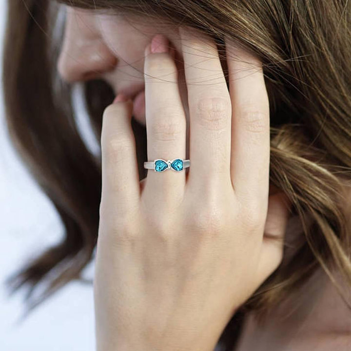 Cissyia.com Personalized Two Heart Birthstones Engravable Bow Promise Ring in Solid Sterling Silver