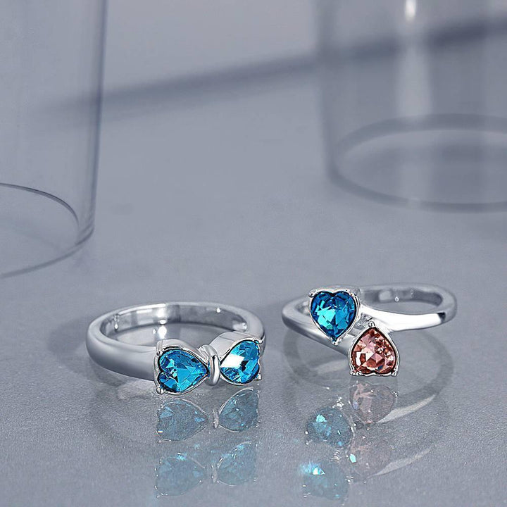 Cissyia.com Personalized Two Heart Birthstones Engravable Bow Promise Ring in Solid Sterling Silver
