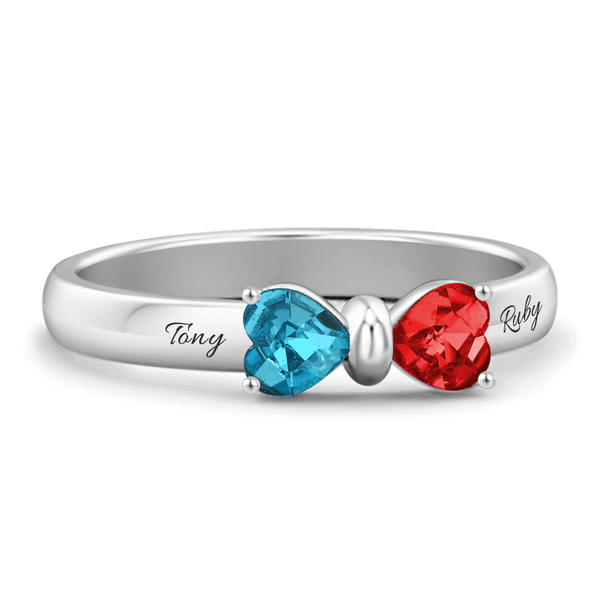 Cissyia.com Personalized Two Heart Birthstones Engravable Bow Promise Ring in Solid Sterling Silver