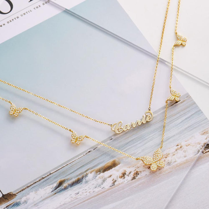 Cissyia.com Carrie Name and Multiple Butterflies Layered Necklace Set