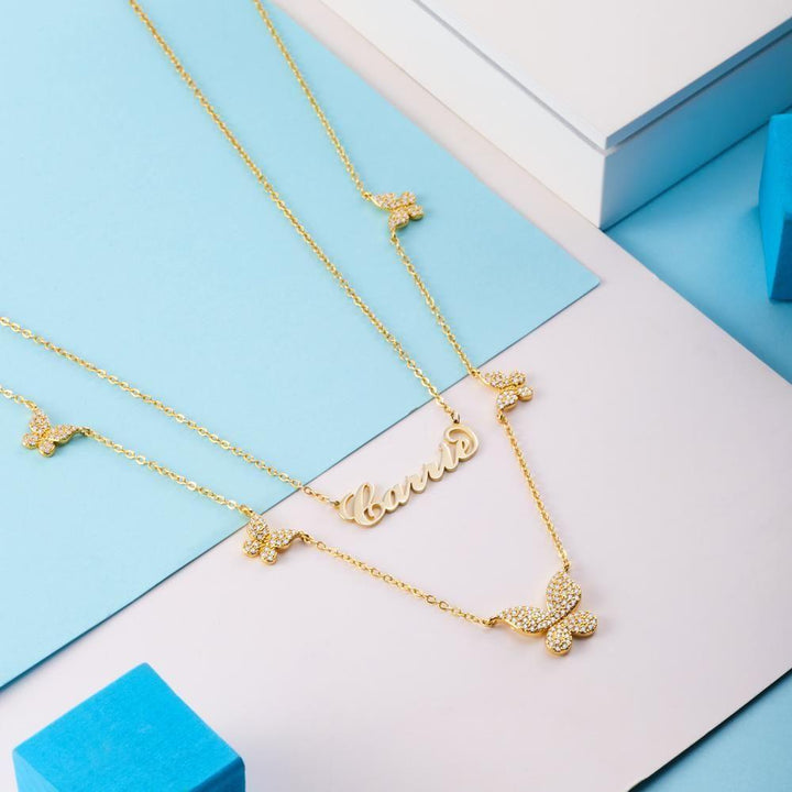 Cissyia.com Carrie Name and Multiple Butterflies Layered Necklace Set