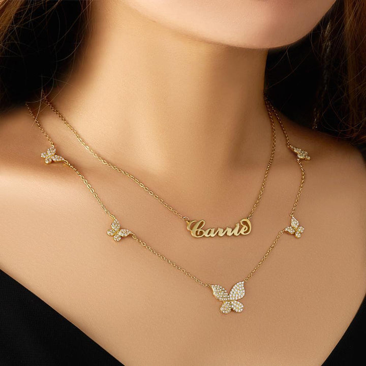 Cissyia.com Carrie Name and Multiple Butterflies Layered Necklace Set
