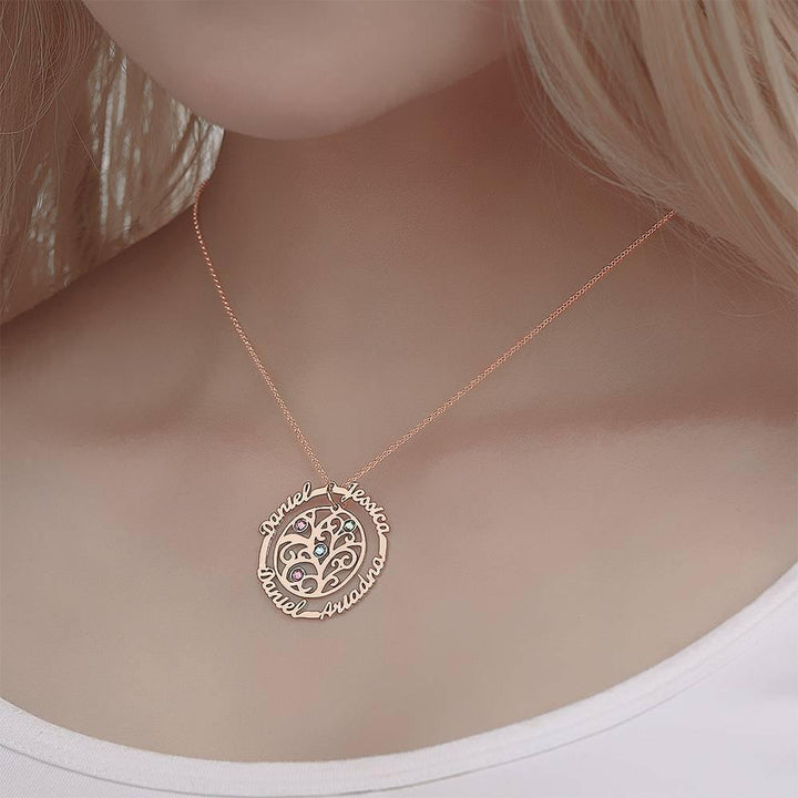Cissyia.com Custom Name Necklace with Birthstones, Family Tree Necklace Rose Gold Plated