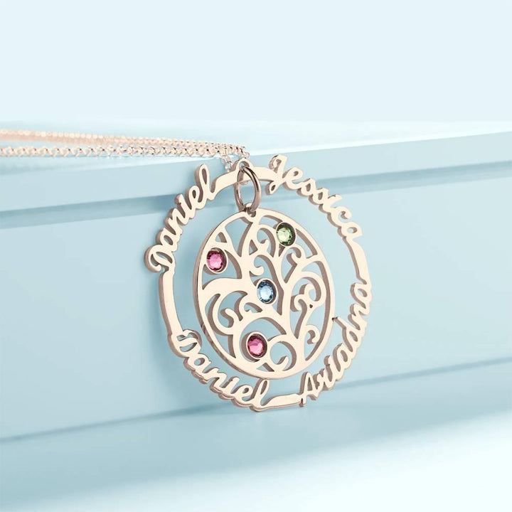 Cissyia.com Custom Name Necklace with Birthstones, Family Tree Necklace Rose Gold Plated