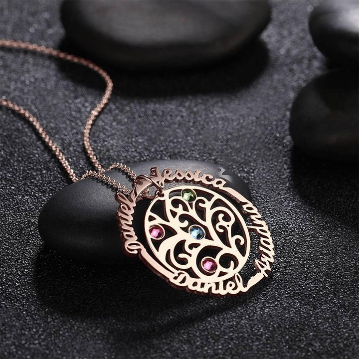 Cissyia.com Custom Name Necklace with Birthstones, Family Tree Necklace Rose Gold Plated