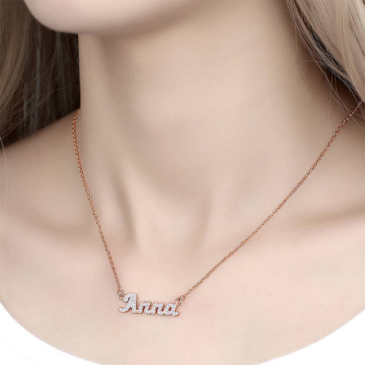 Cissyia.com Rose Gold Plated Personalized Crystal-Accented Cut-Out Rolo Chain Name Necklace