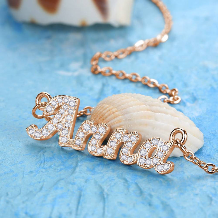 Cissyia.com Rose Gold Plated Personalized Crystal-Accented Cut-Out Rolo Chain Name Necklace