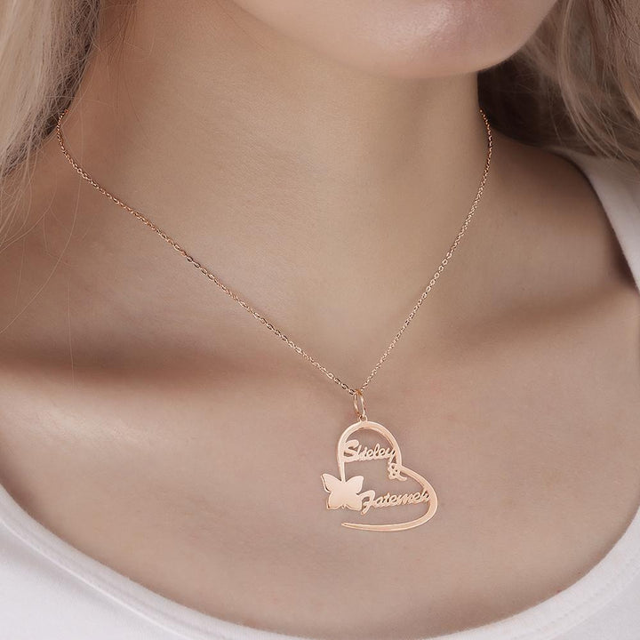 Cissyia.com Rose Gold Plated Personalized Heart and Butterfly Two Names Cut-Out Name Necklace for Couples