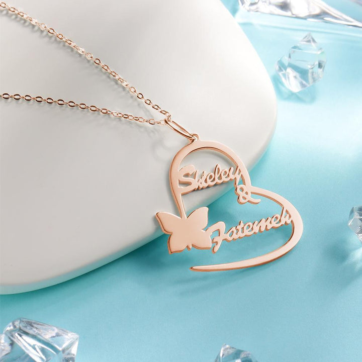 Cissyia.com Rose Gold Plated Personalized Heart and Butterfly Two Names Cut-Out Name Necklace for Couples