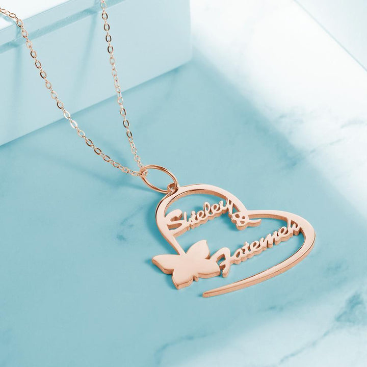 Cissyia.com Rose Gold Plated Personalized Heart and Butterfly Two Names Cut-Out Name Necklace for Couples