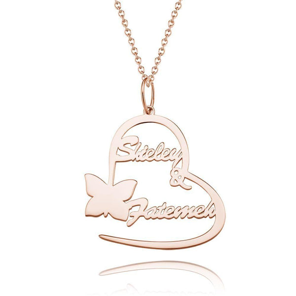 Cissyia.com Rose Gold Plated Personalized Heart and Butterfly Two Names Cut-Out Name Necklace for Couples