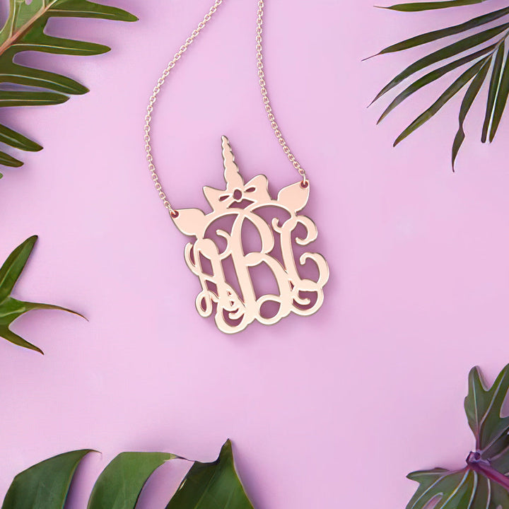 Cissyia.com 14K Gold Plated Personalized Unicorn Horn Three Monograms Pendant Name Necklace