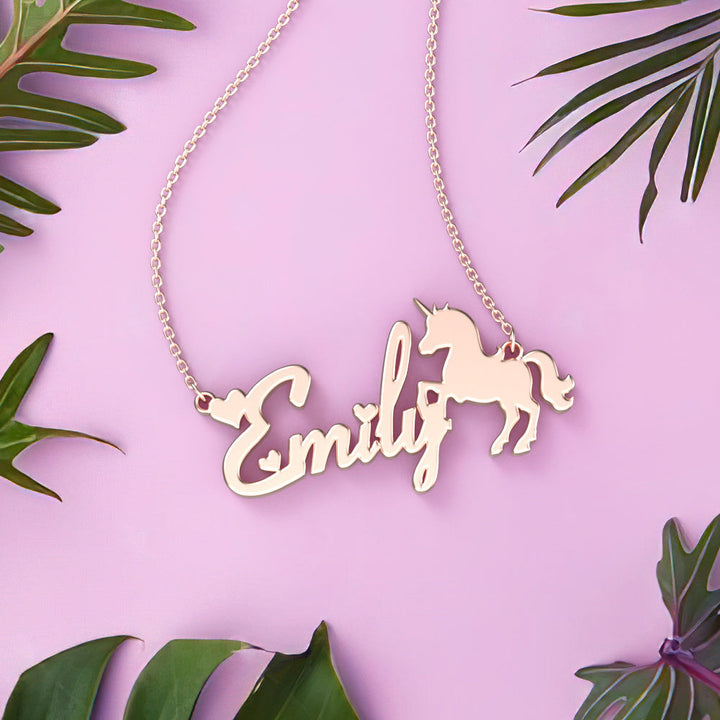 Cissyia.com Rose Gold Plated Personalized Unicorn and Heart Cut-Out Name Necklace