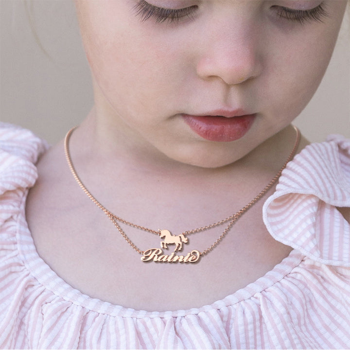 Custom Name Necklace Unicorn Double Necklace for Little Girl - 