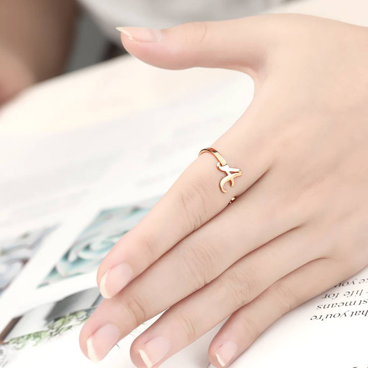 Cissyia.com Rose Gold Plated Personalized Birthstone and Single Initial Cut-Out Cuff Ring