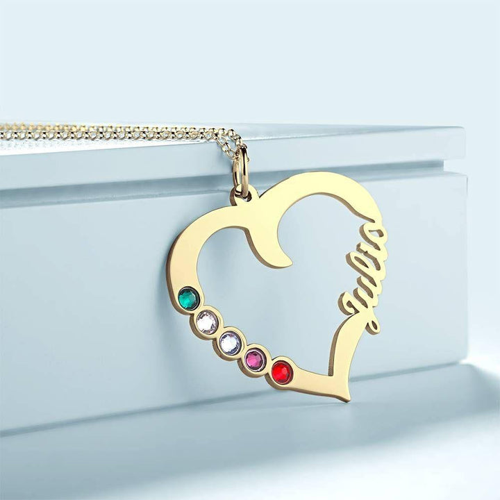 Cissyia.com Five Birthstones Personalized Heart Name Cut-Out Name Necklace