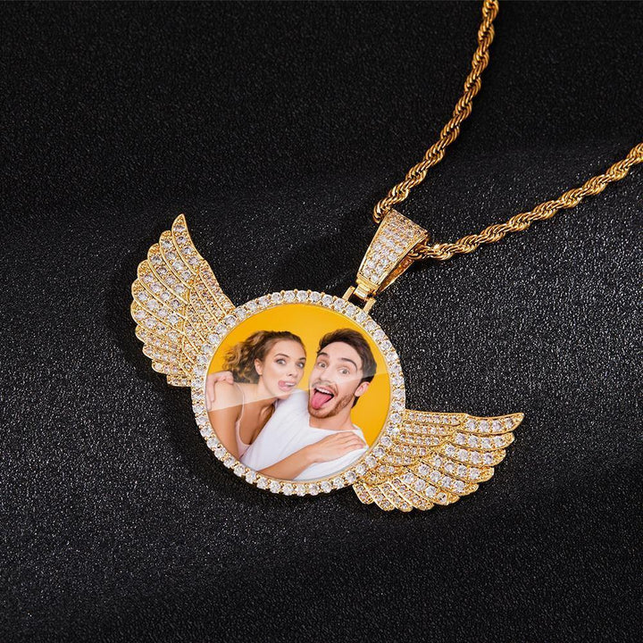 Cissyia.com Zircon Platinum Plated Angel Wings Engraved Photo Necklace