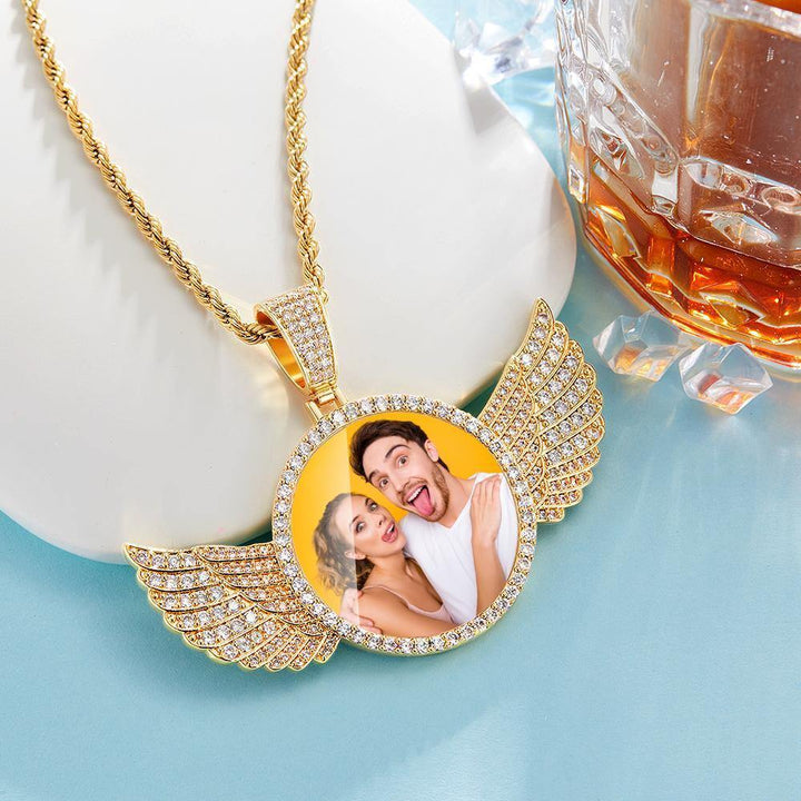 Cissyia.com Zircon Platinum Plated Angel Wings Engraved Photo Necklace
