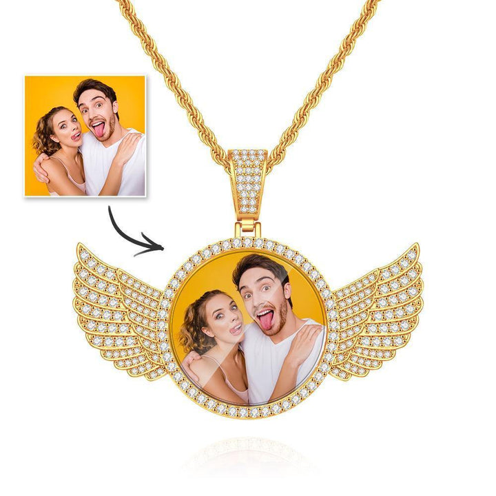 Cissyia.com Zircon Platinum Plated Angel Wings Engraved Photo Necklace