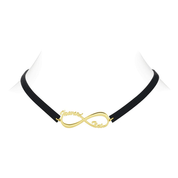Cissyia.com Black Leather Personalized Infinity Two Names Cut-Out Choker Necklace